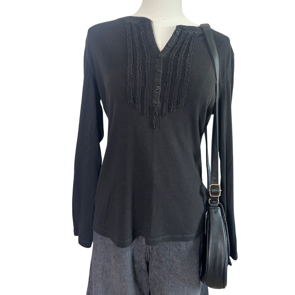 vintage faded glory‎ henley ruffled top black basic wear y2k